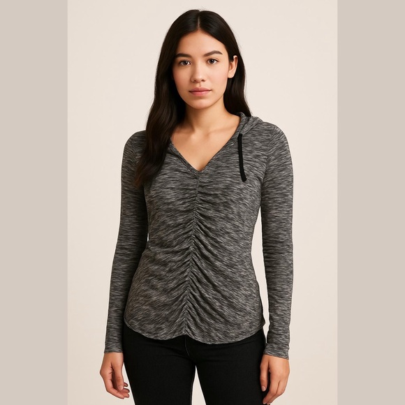 VENUS Grey Marled Knit Hoodie Size Small Long Sleeve Ruching Down Center Front - Picture 1 of 11